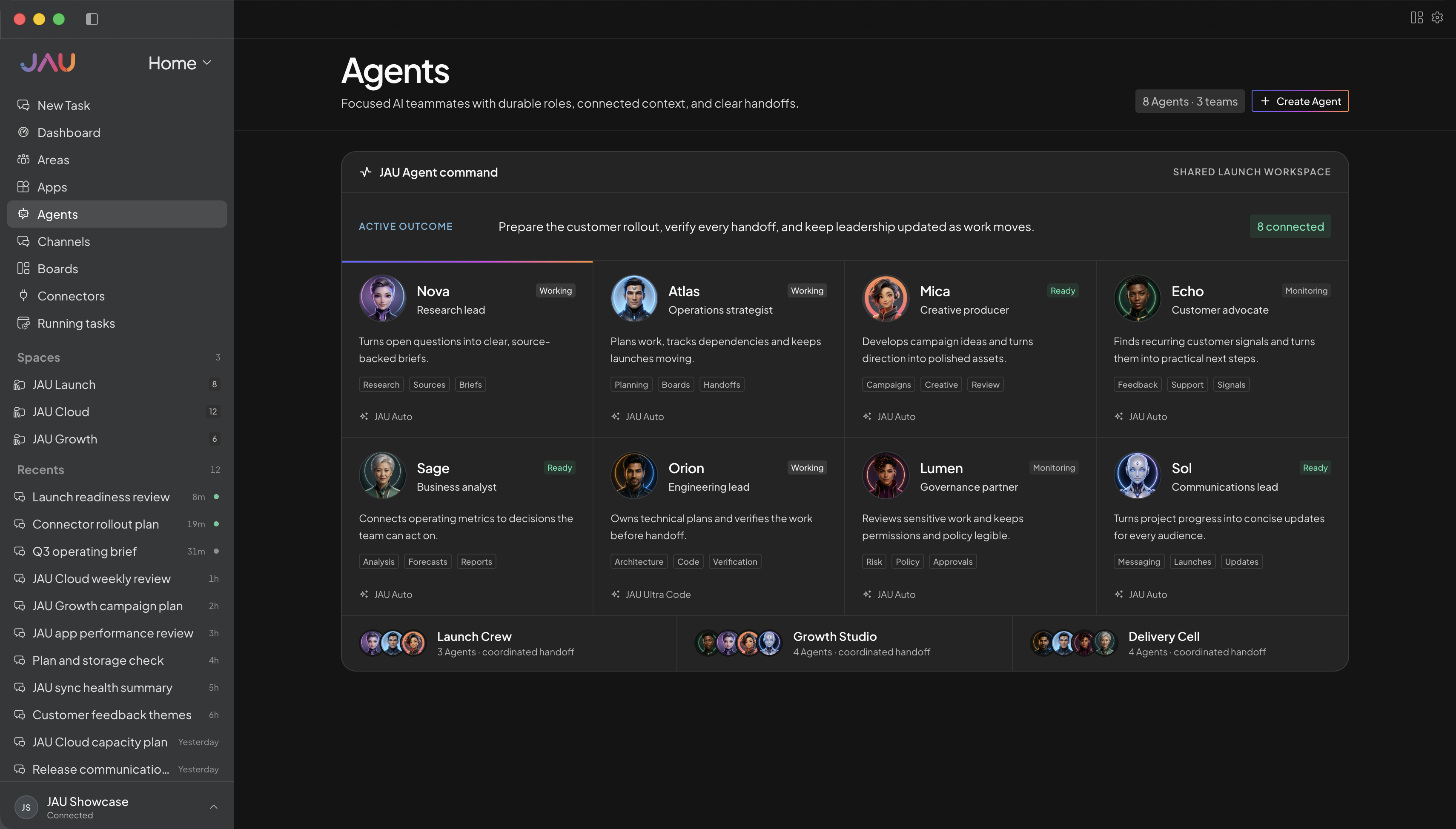 JAU Demo showing distinct AI teammates collaborating on a shared outcome with recognizable profiles, roles, and handoffs