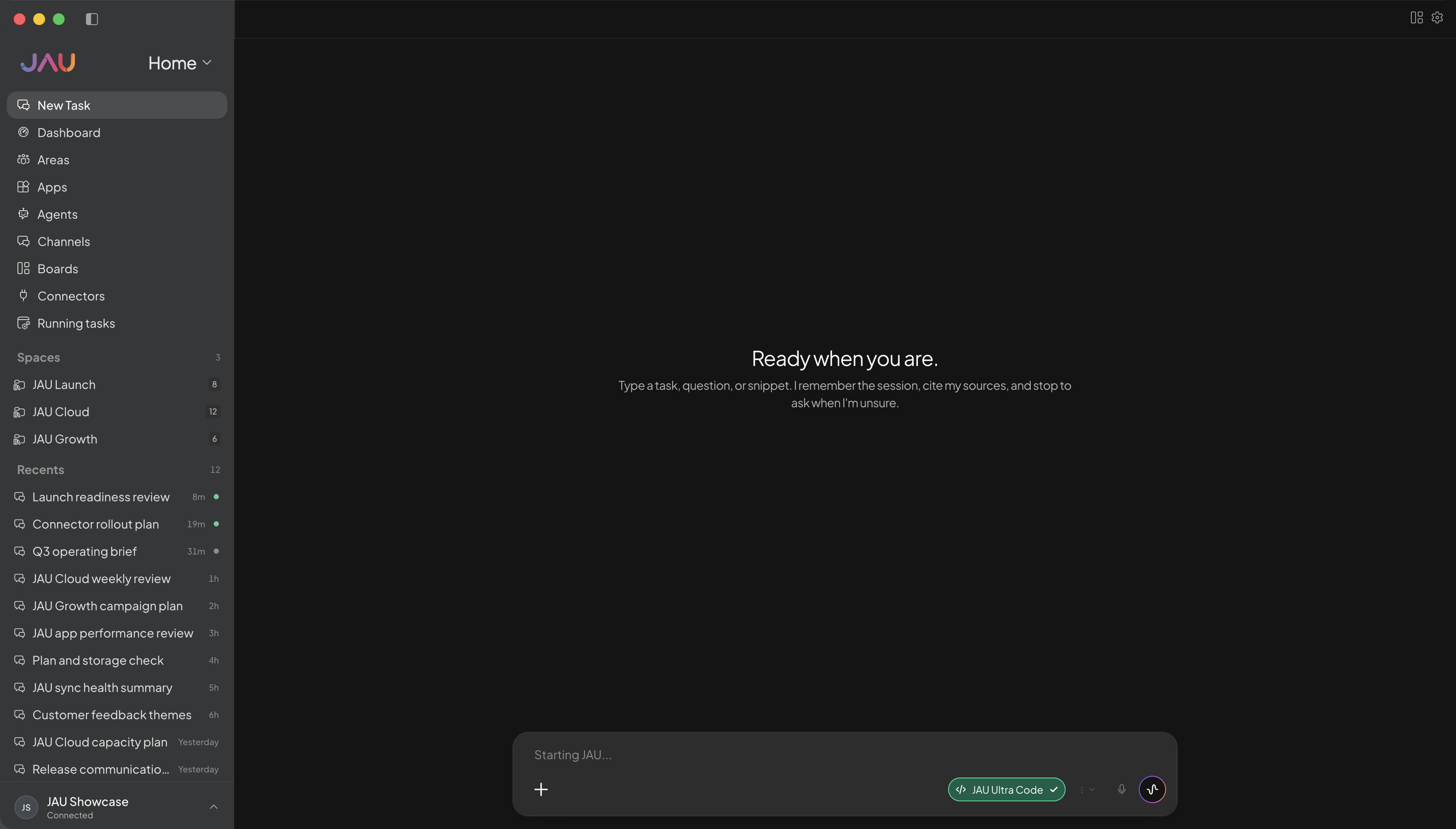 Live JAU Desktop chat composer with JAU Ultra Code selected beside the add button